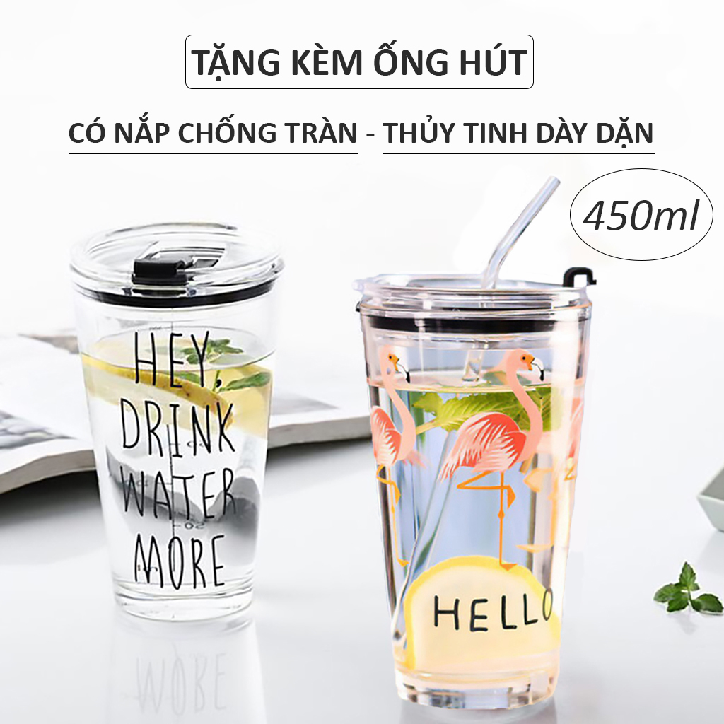 [TẶNG ỐNG HÚT] Ly thủy tinh có nắp 450ml chia vạch dung tích chịu nhiệt in họa tiết dễ thương