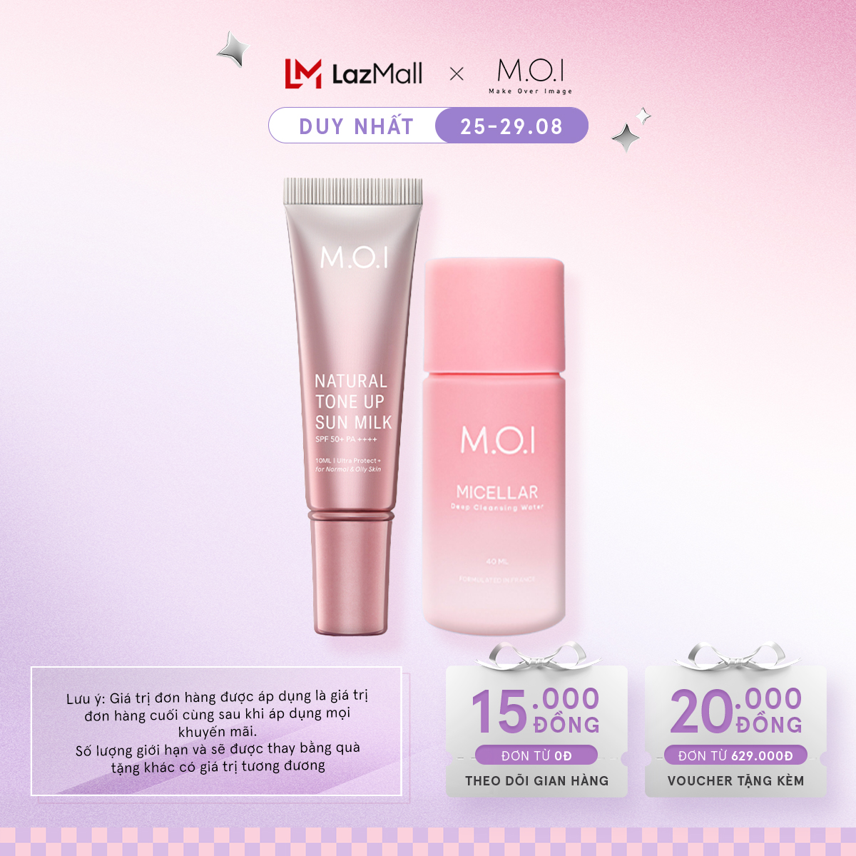 Bộ đôi Du lịch M.O.I Nước tẩy trang 40ml và Kem chống nắng nâng tông 10ml