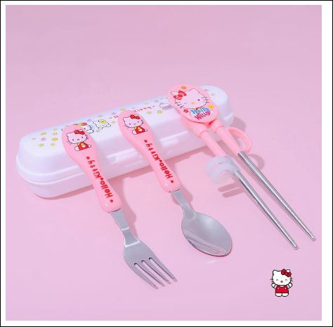 Bộ tập ăn cho bé Muỗng Đũa Nĩa Hello Kitty Bằng Thép Không Gỉ, nhựa an toàn