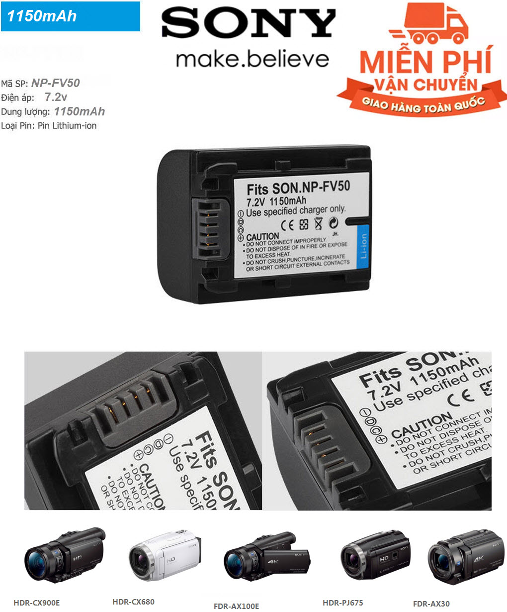 Pin máy quay phim Sony NP-FV50 Lithium ion Dung Lượng 1150mAh - Pin NP-FV50 NPFV50 NP FV50 1150mAh  Rechargeable Camera Battery for Sony NP-FV30 NP-FV40 HDR-CX150E CX170 XR150 XR350 XR550