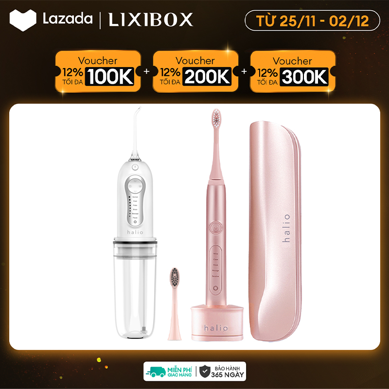 Combo Bàn chải đánh răng Halio Sonic Whitening Toothbrush (Màu hồng) và Máy tăm nước cầm tay Halio Professional Cordless Oral Irrigator