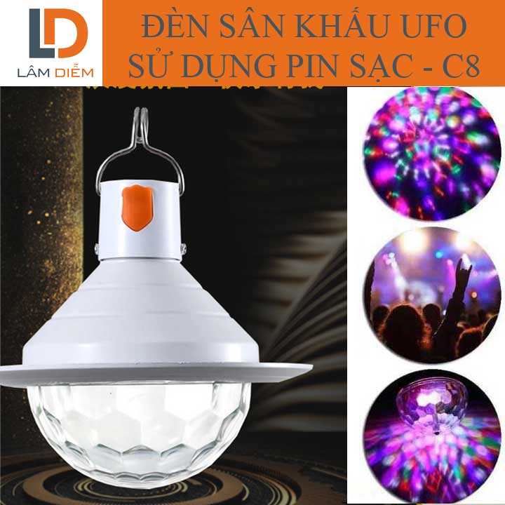 BÓNG ĐÈN XOAY ĐÈN SÂN KHẤU UFO PIN SẠC USB HIỆU ỨNG ÁNH SÁNG NHIỀU MÀU 3 CHẾ ĐỘ C8