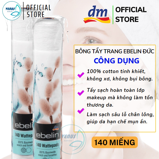 Bông tẩy trang Ebelin Đức 100% cotton siêu mềm mịn túi 140 miếng - Hàng nội địa Đức