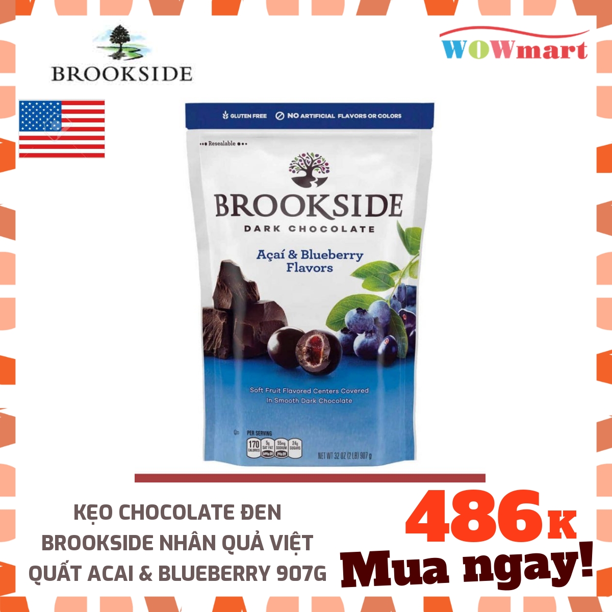 Kẹo chocolate đen Brookside nhân quả Việt quất Acai & Blueberry 907g -