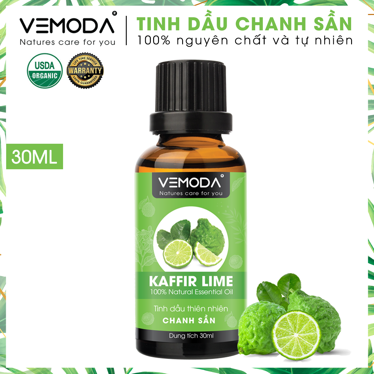 Tinh dầu Chanh sần cao cấp. Kaffir Lime Essential Oil 30ML. Tinh dầu xông phòng giúp khử mùi, kháng khuẩn, thanh lọc không khí, thư giãn, tái tạo năng lượng. Tinh dầu thơm phòng cao cấp Vemoda