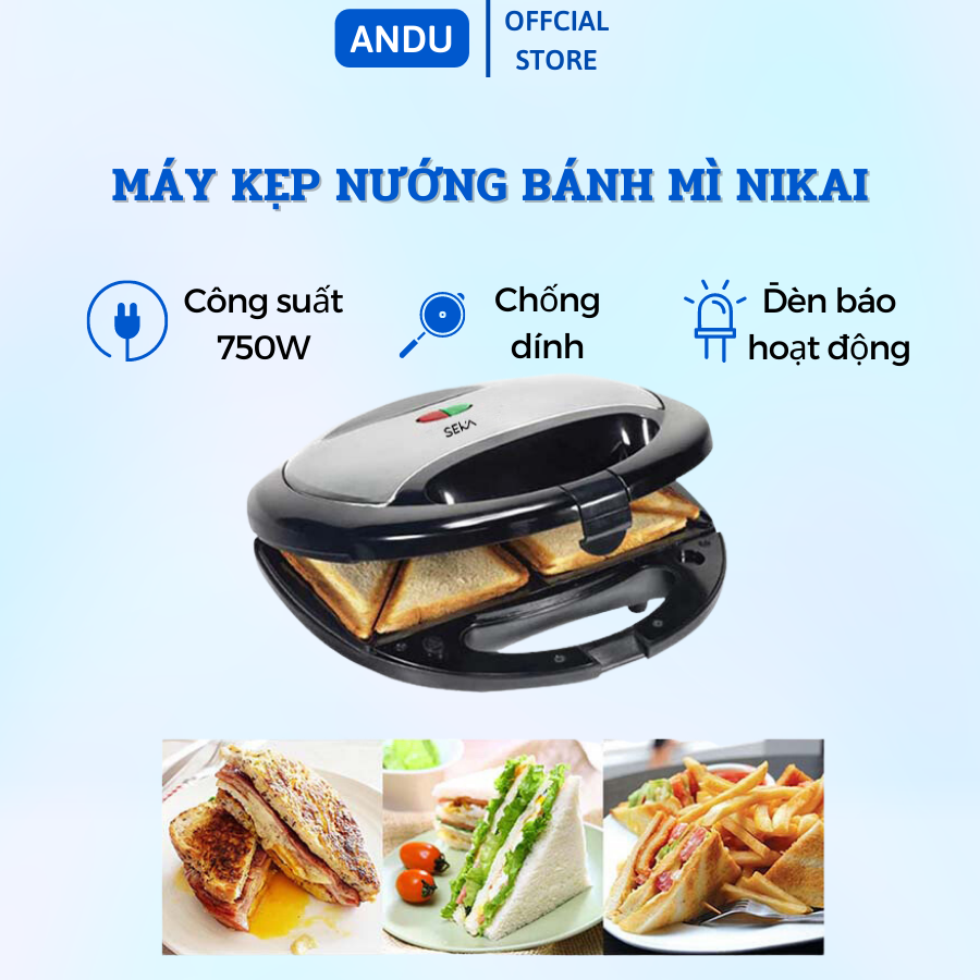 Máy Kẹp Nướng Bánh Mì NIKAI, Ép Bánh Sandwich, Rán Trứng, Làm Đồ Ăn Sáng, Nướng Thịt 2 Mặt Đa Năng