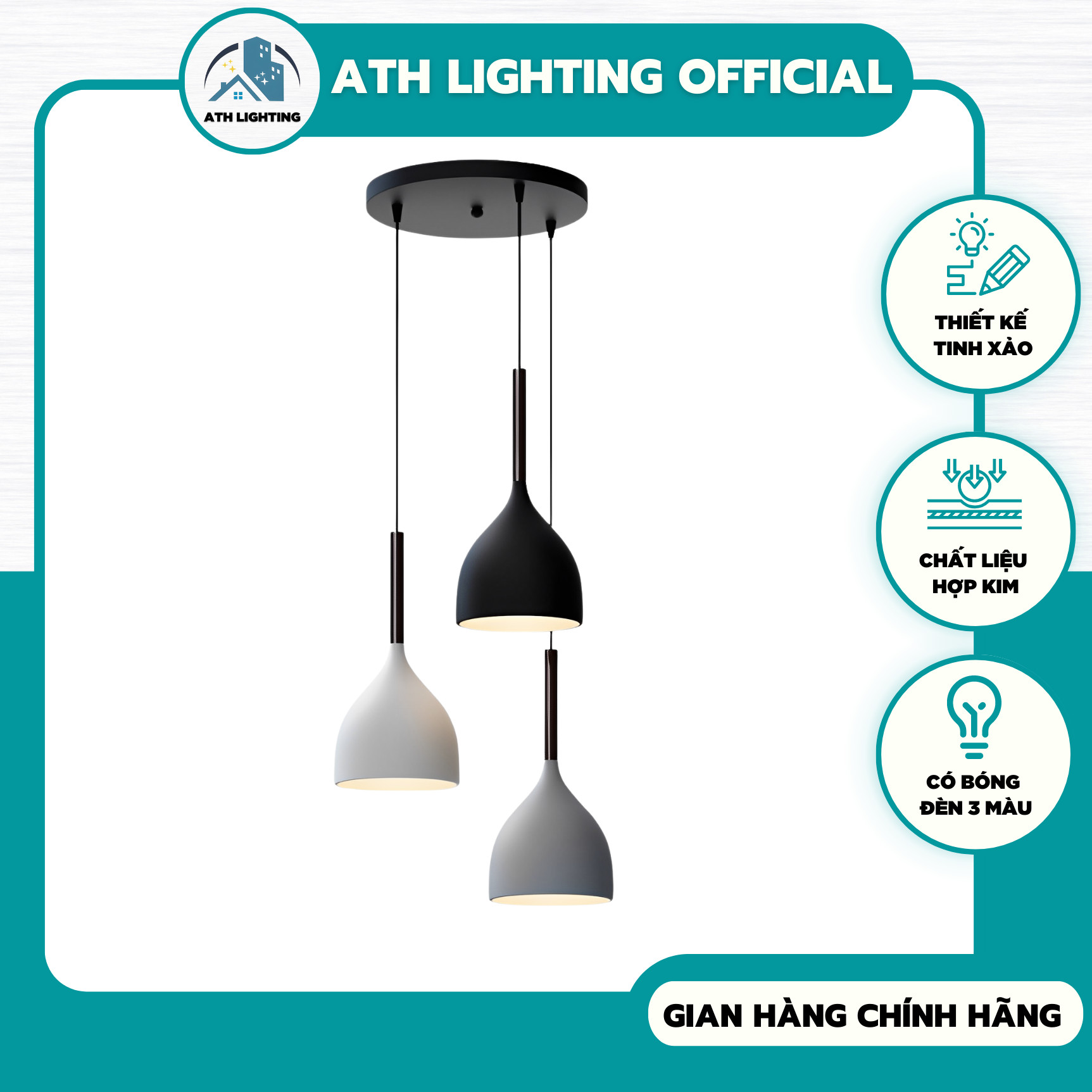 Đèn cao cấp 3 bóng 3 chế độ màu sơn tĩnh điện, loại đèn trang trí đèn thả bàn ăn cao cấp tặng kèm bóng LED 3 màu