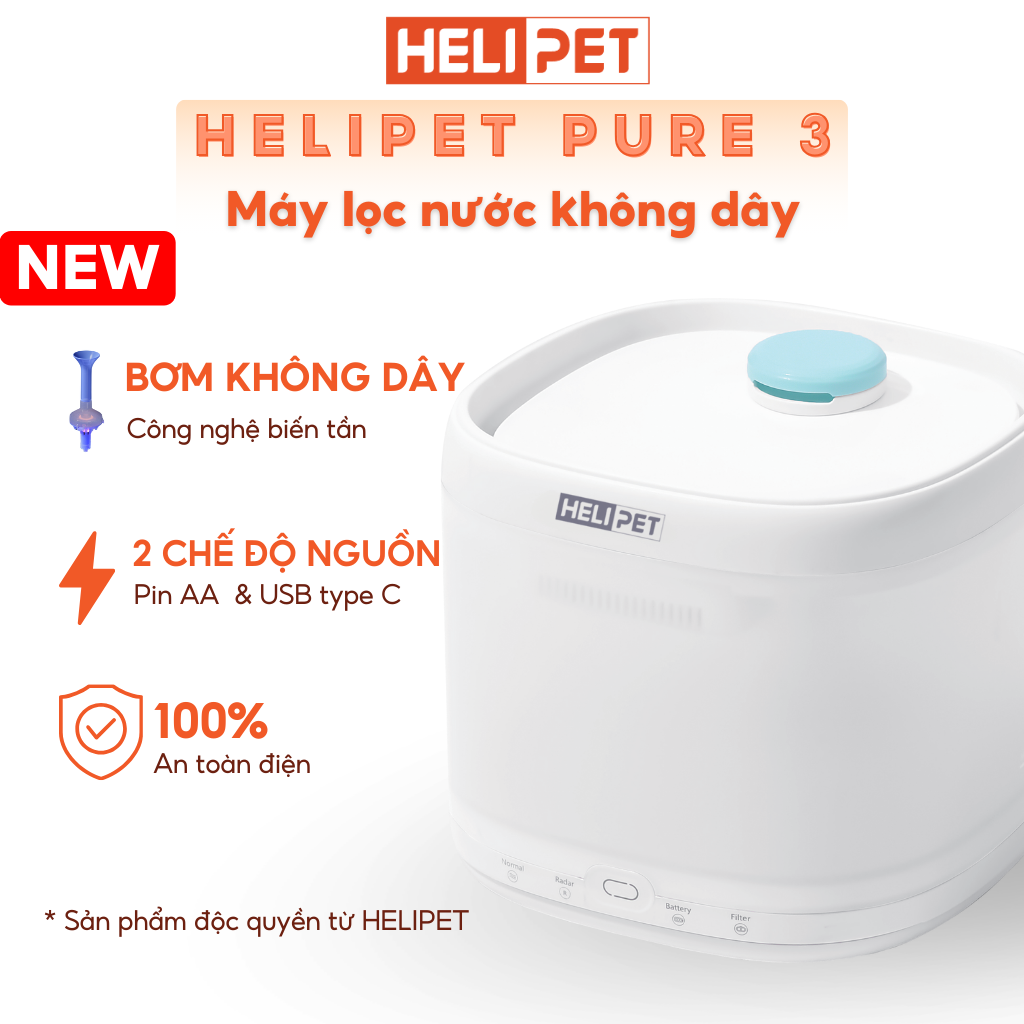 Máy lọc nước thông minh cho chó mèo sử dụng bơm không dây HELIPET Pure 3