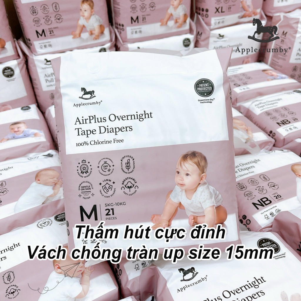 Bỉm tã quần/ tã dán ĐÊM Applecrumby Airplus Overnight tã ngựa siêu thấm hút và khô thoáng cho bé babyUS