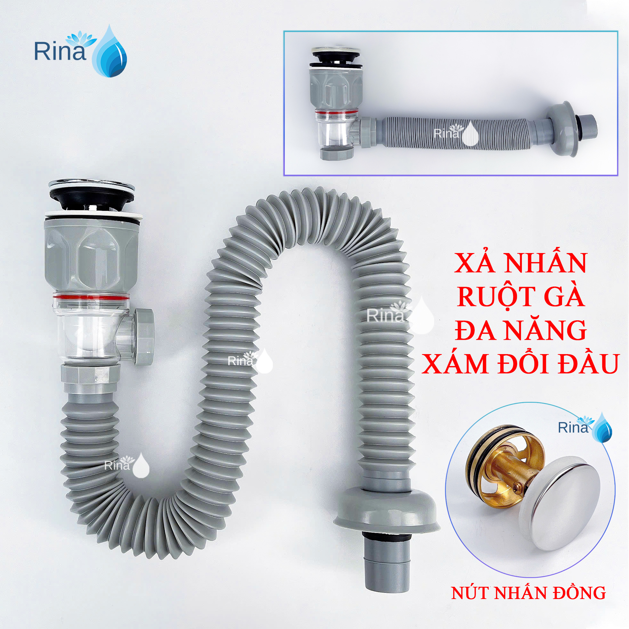 BỀN BỈ, CHỐNG HÔI TUYỆT ĐỐI, Bộ xả Lavabo Ruột Gà Co Giản Đa Năng Xám đổi đầu Loại Cao Cấp, Dùng Được Cho Tất Cả Loại Bồn Rửa Mặt, Xi Phông thoát nước lavabo Rina TPX10