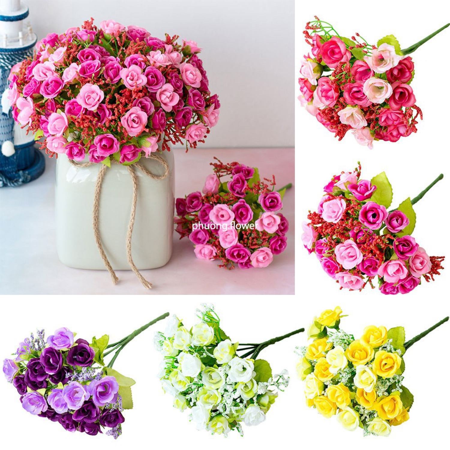 Cụm Hoa Hồng lụa giả 21 bông hoa nhỏ nhân tạo cao 23cm trang trí tiệc cưới decor nhà cửa bàn làm việc văn phòng