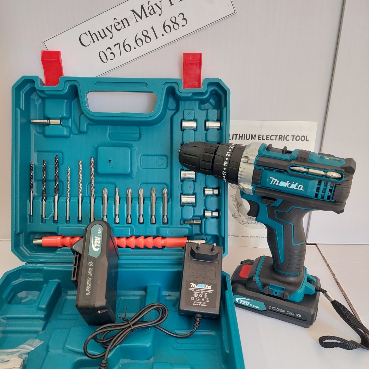 Máy khoan pin 72V Mkta 3 chức năng có búa - Tặng kèm 24 chi tiết gồm các mũi khoan + Mũi bắt vít