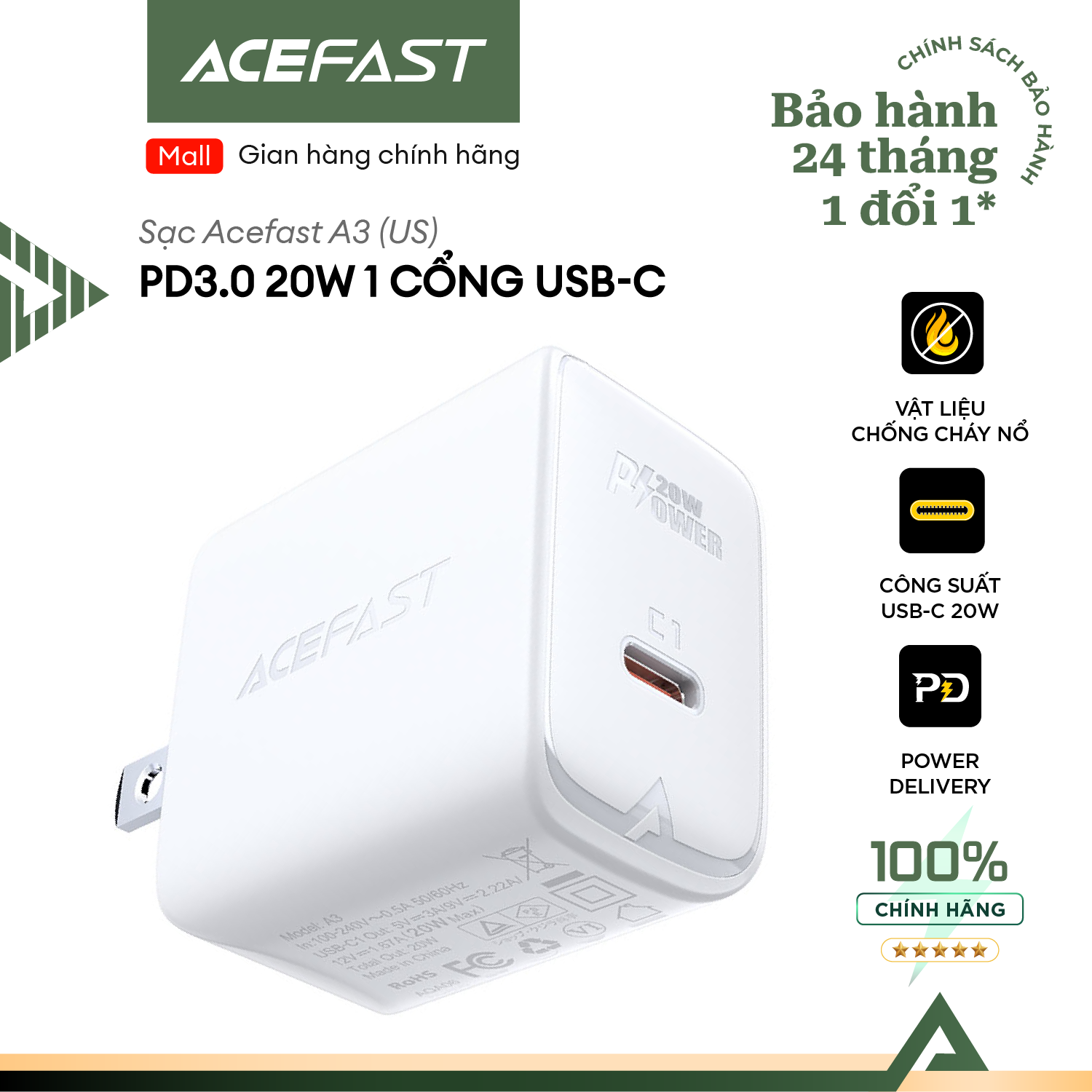 Sạc acefast a3 công suất 20w 1 cổng usb-c hỗ trợ sạc pd3.0, sạc nhanh từ iphone 8 trở lên - hàng chính hãng
