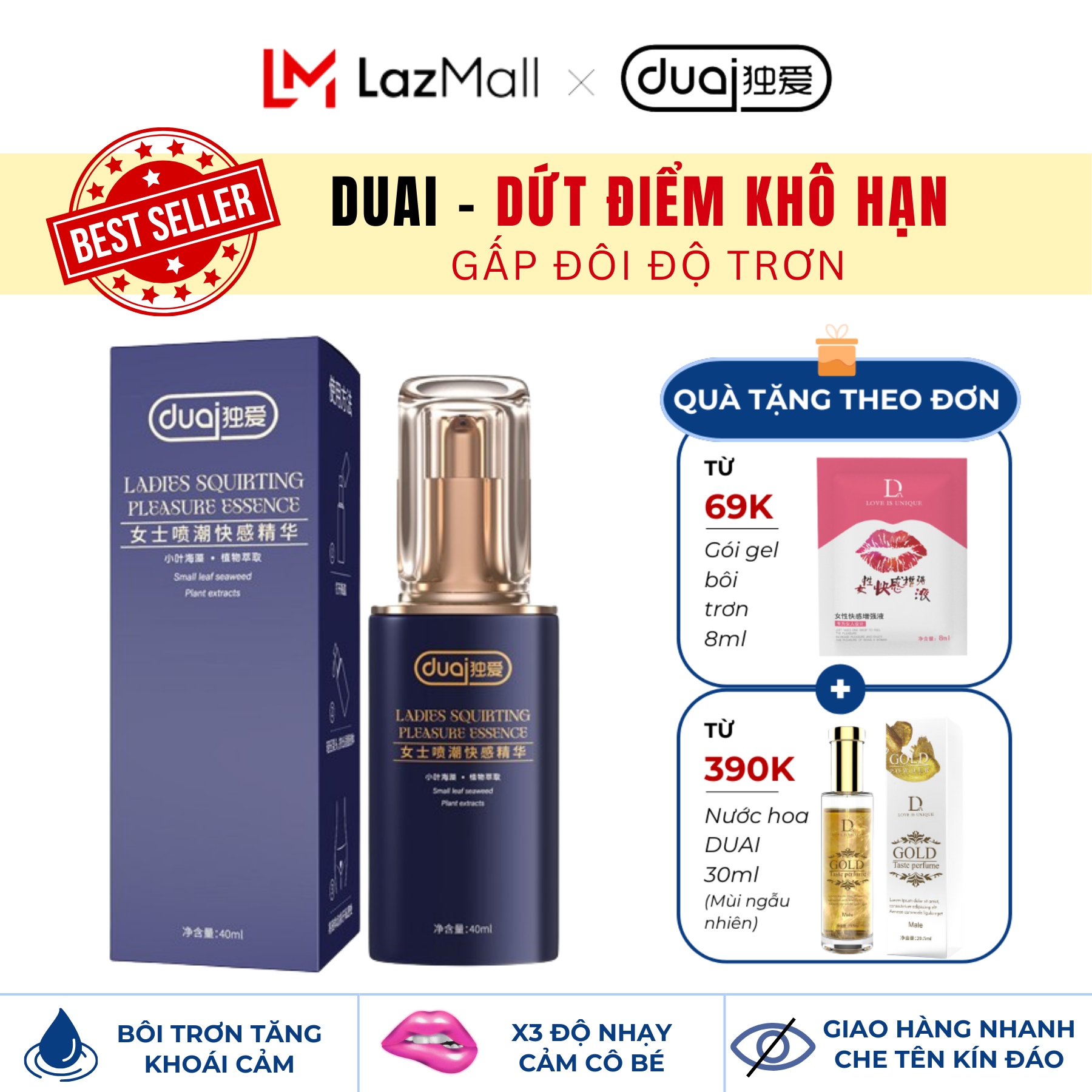 Gel bôi trơn cao cấp DUAI DỨT ĐIỂM KHÔ HẠN gấp đôi độ trơn tăng hưng phấn khoái cảm cho nữ