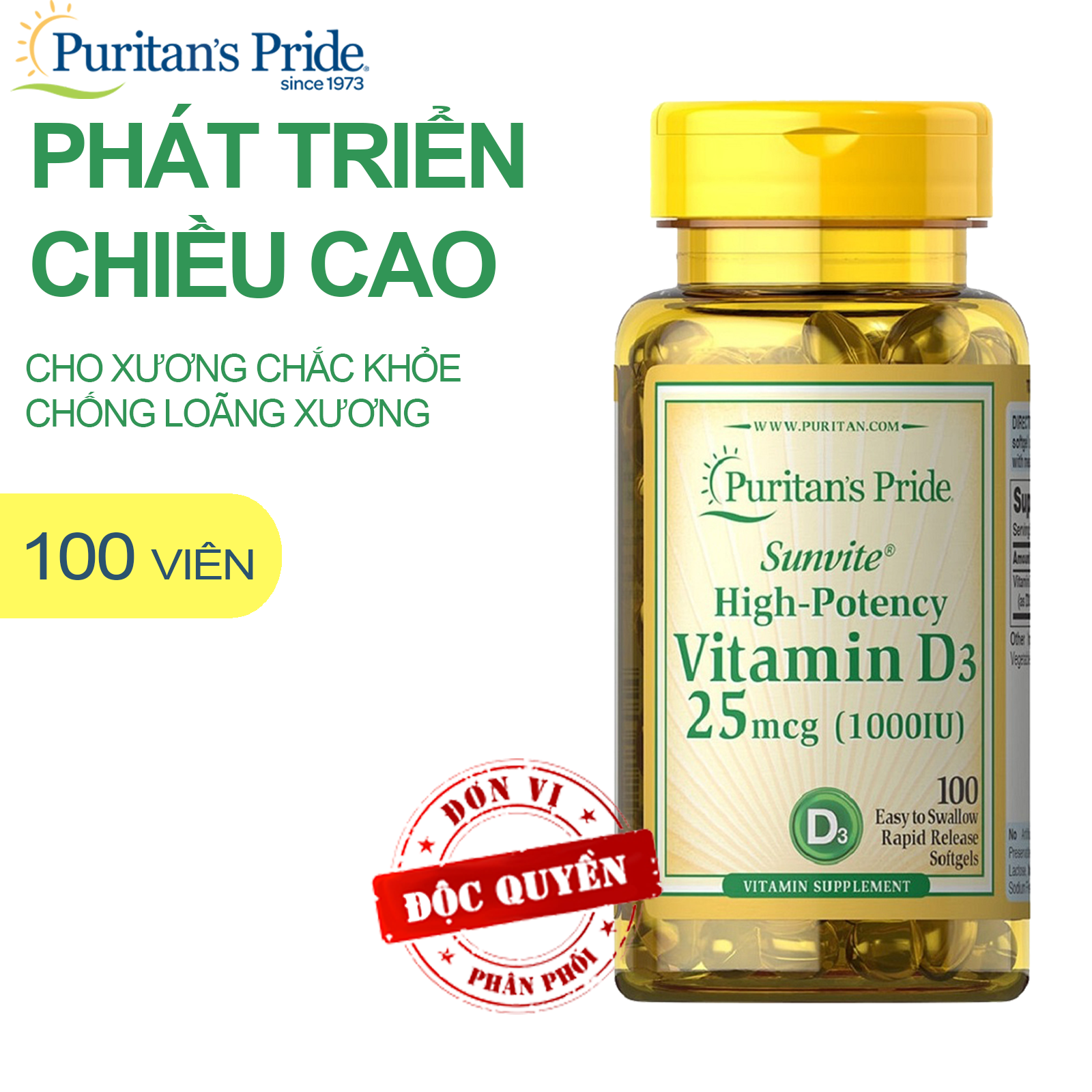 Vitamin D tăng hệ miễn dịch,chống còi xương, giúp hấp thu Canxi dùng được cho phụ nữ có thai Vitamin Mỹ Puritan's Pride Sunvite High-Potency Vitamin D3 1000IU 100 viên