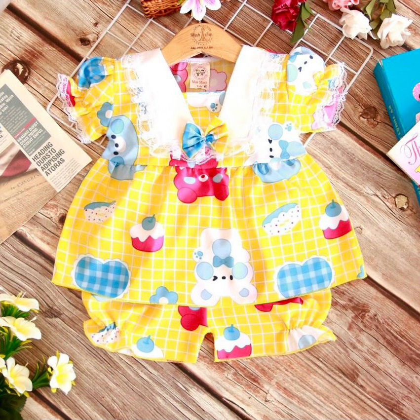Set 2 bộ bé gái baby doll mùa hè cực yêu đính nơ hoạ tiết gấu baby dễ thương vải lụa siêu mềm mại (7-13kg)