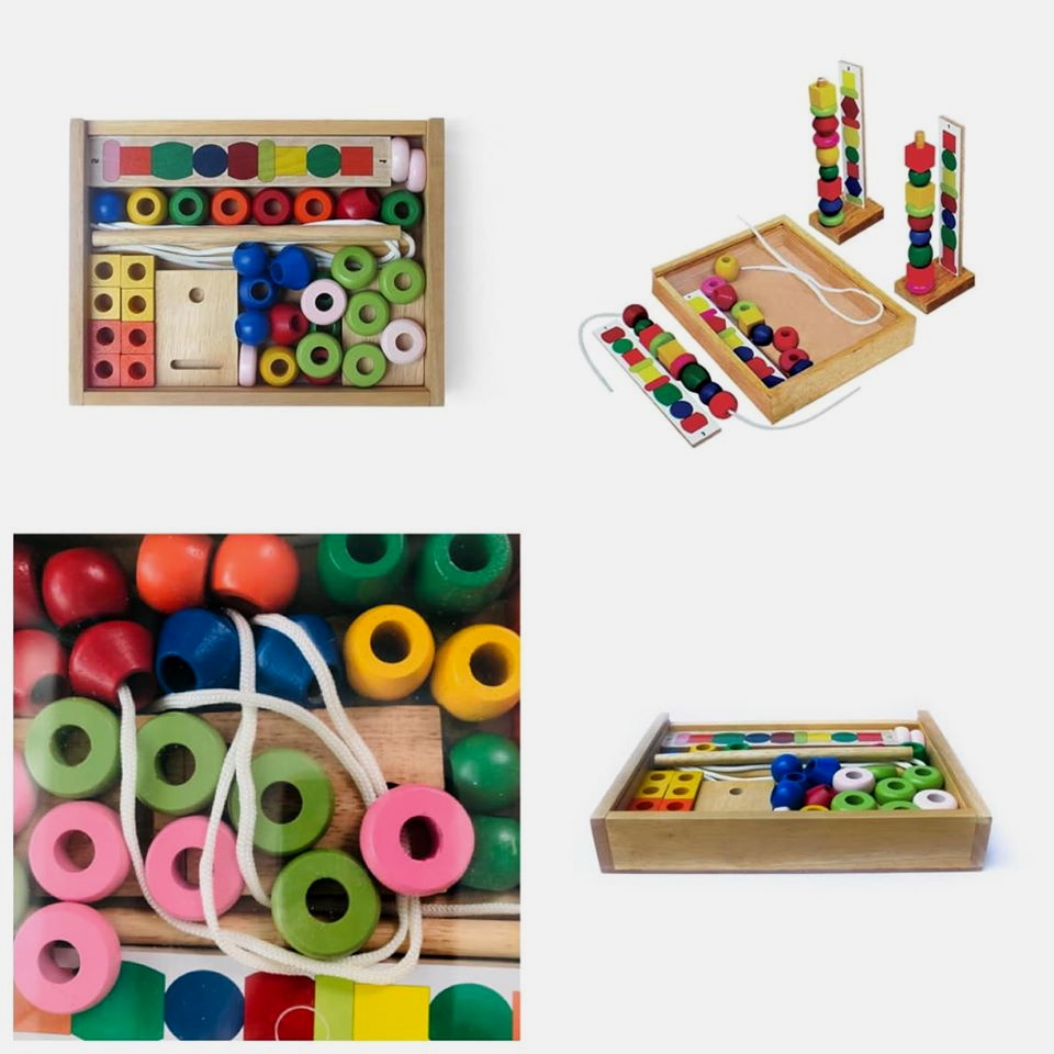 Bộ đồ chơi xếp xâu chuỗi hạt bằng gỗ cho bé | Bộ xâu chuỗi hạt gỗ học hình khối màu sắc xếp chồng | Đồ chơi gỗ Việt Nam