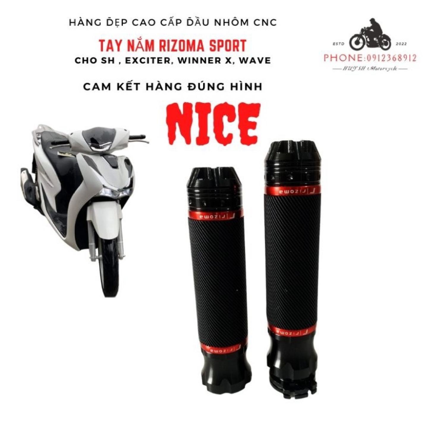 Tay nắm rizoma, tay ga, bao tay bản sport model 2022, tay nắm rizoma đầu nhôm cnc