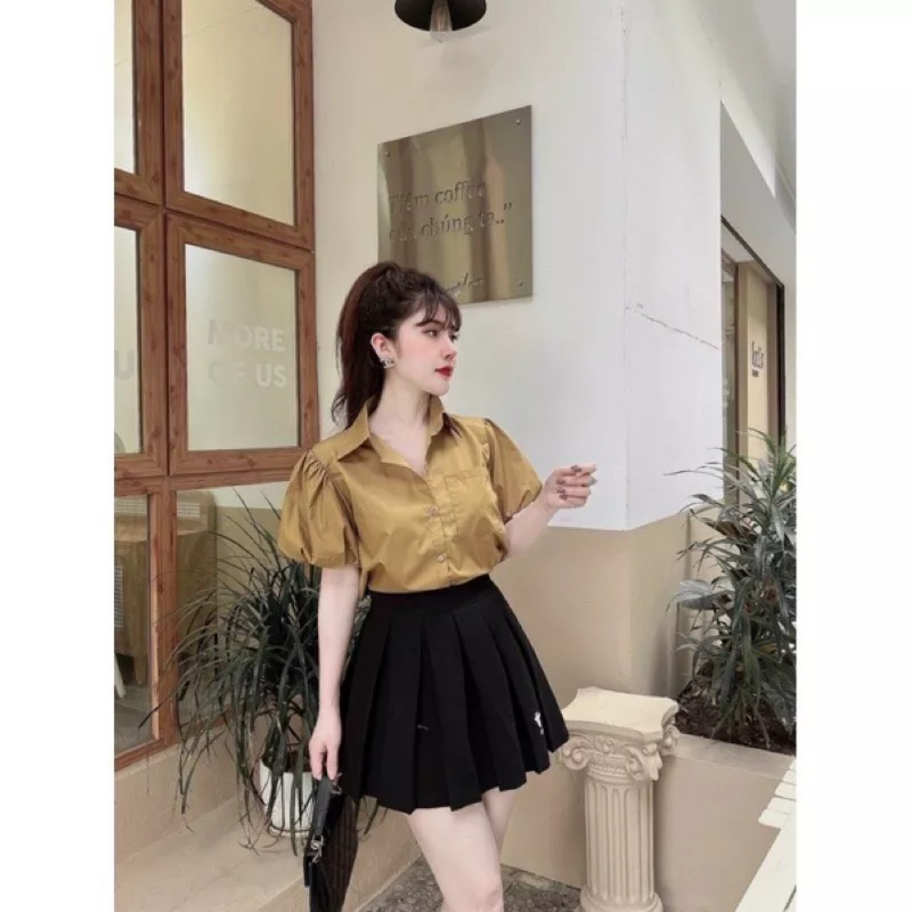 Áo sơ mi tay bồng hottrend Áo sơ mi nữ tay cộc bồng xinh