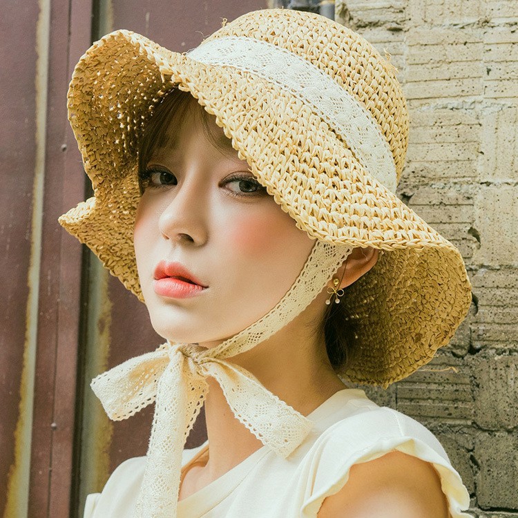 Mũ cói mềm Vintage nơ quai ren tiểu thư cho mẹ và bé