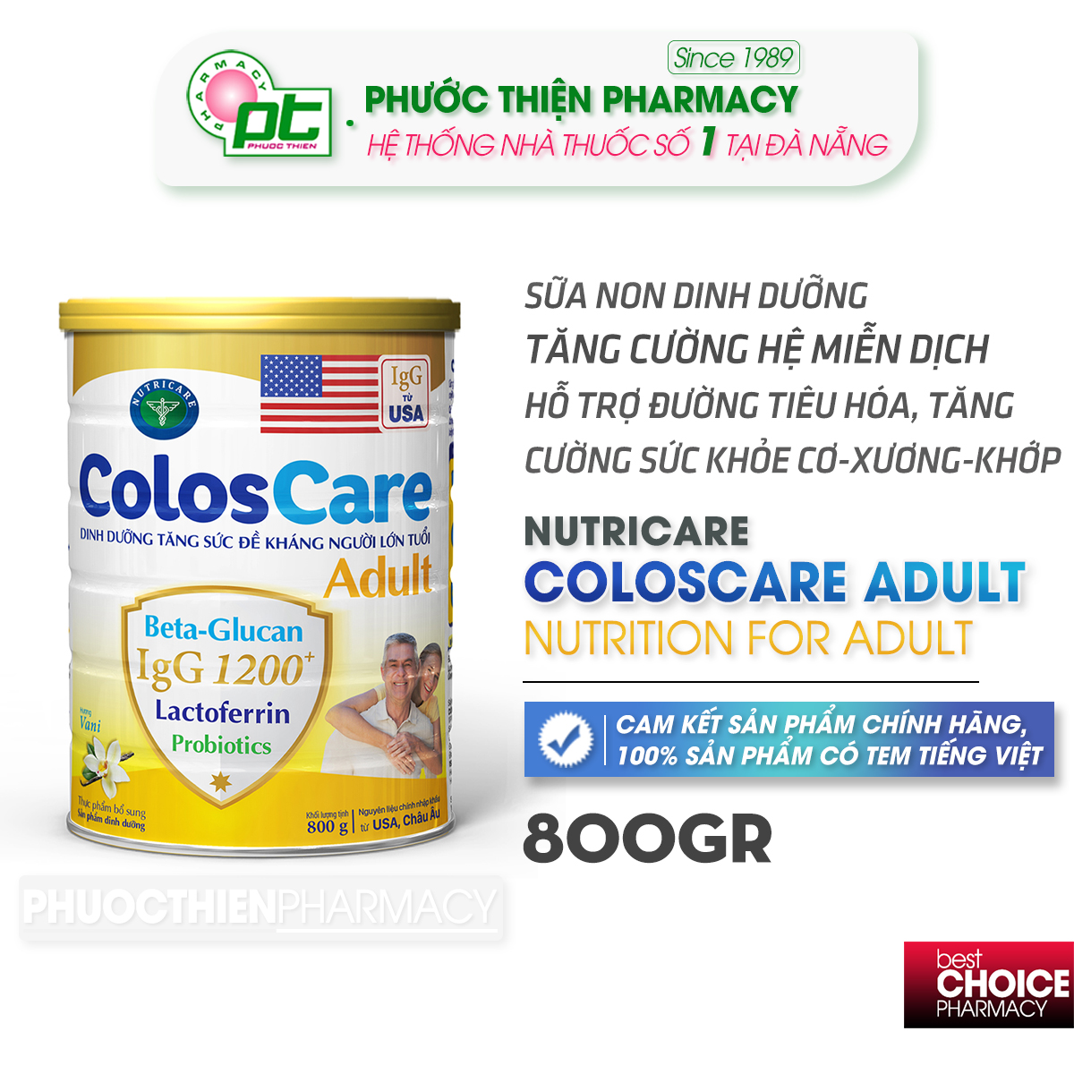 Sữa non dinh dưỡng coloscare adult igg 1200+ tăng đề kháng cho người lớn tuổi lon 800 gram