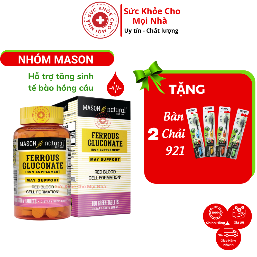 Viên uống bổ máu,bổ sung sắt hữu cơ Mason natural Ferrouse Gluconate.Lọ 100 viên