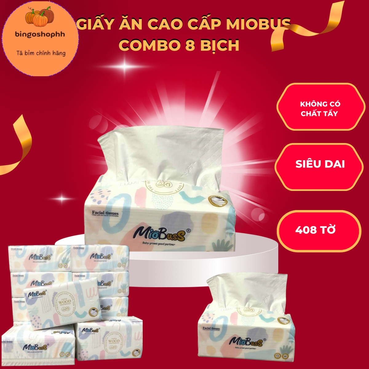 Khăn giấy khô, giấy ăn Miobus cao cấp gói siêu dai siêu tiết kiệm, không bị mủn và an toàn cho da