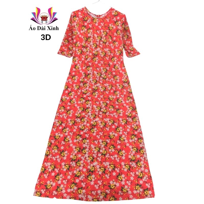 Áo dài truyền thống in 3D lụa Nhật cổ tròn tay lỡ màu đỏ hoa nhí trắng.