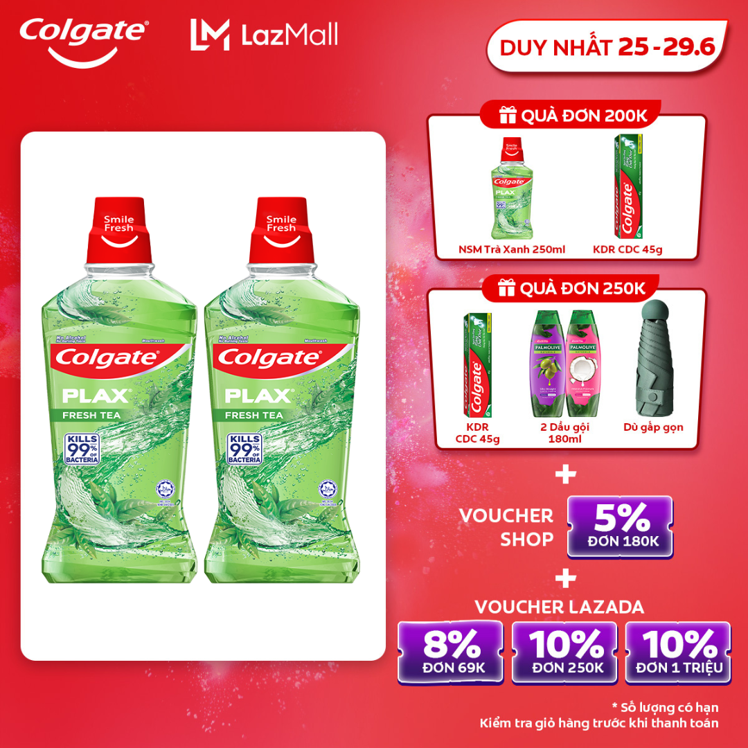 [Duy nhất 25-29.6_Voucher đến 15%]Bộ 2 nước súc miệng Colgate diệt khuẩn, không cồn 500ml/ chai
