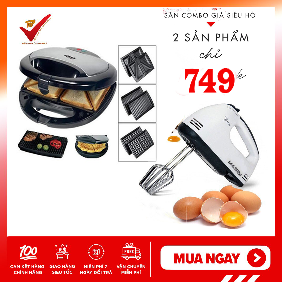 Combo máy nướng bánh mỳ sandwich tiross 3 trong 1 ts513 + máy đánh trứng cầm tay, masidi 7 cấp độ dk-133 bảo hành 12 tháng