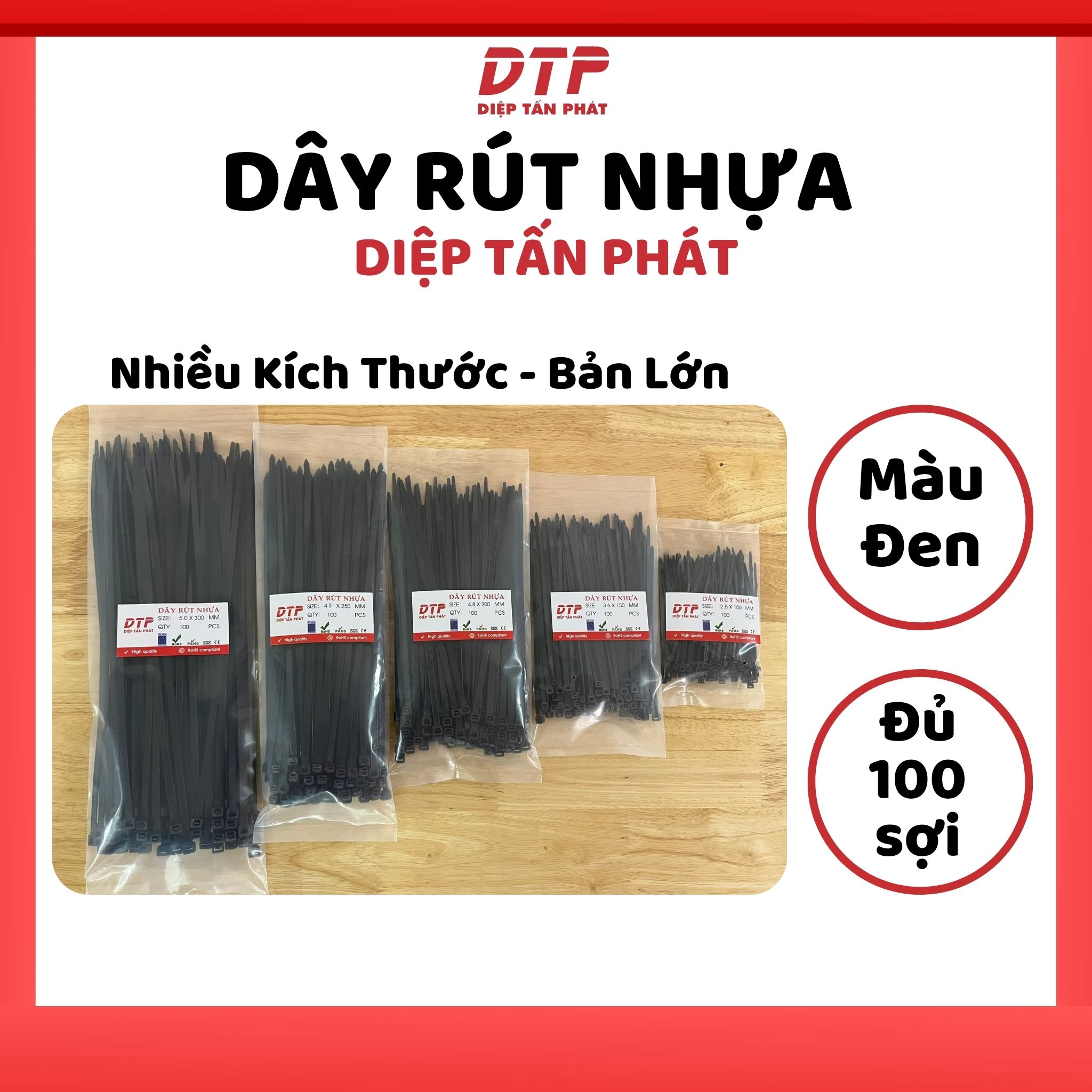 Túi 100 sợi dây rút nhựa diệp tấn phát màu đen bản lớn 10cm-50cm