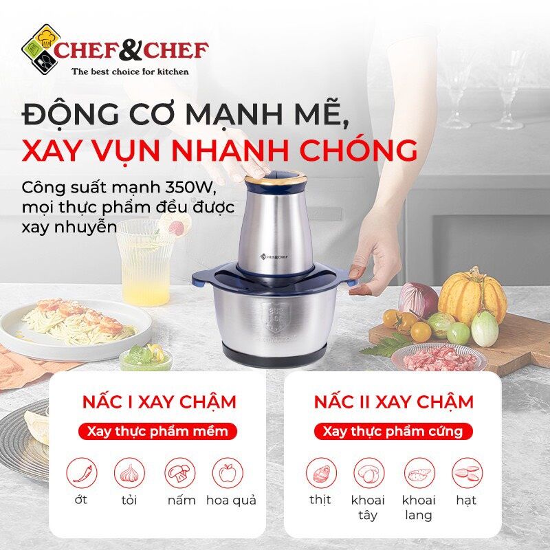 Máy xay thịt inox /cối xay đa năng chef&chef ch-102a cối 2l bảo hành 12 tháng .hàng cao cấp chính hãng .máy xay thịt cối inox 304 dao 4 lưỡi food processor 2 lít