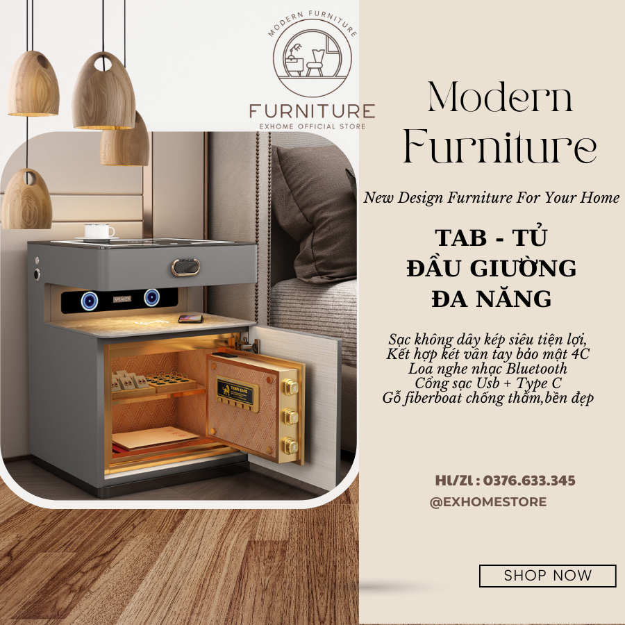 Tủ đầu giường thông minh kèm két mini khóa vân tay ẩn công nghệ 4.0 - Tab kệ sạc kép không dâ y, loa bluetooth , cổng sạc USB