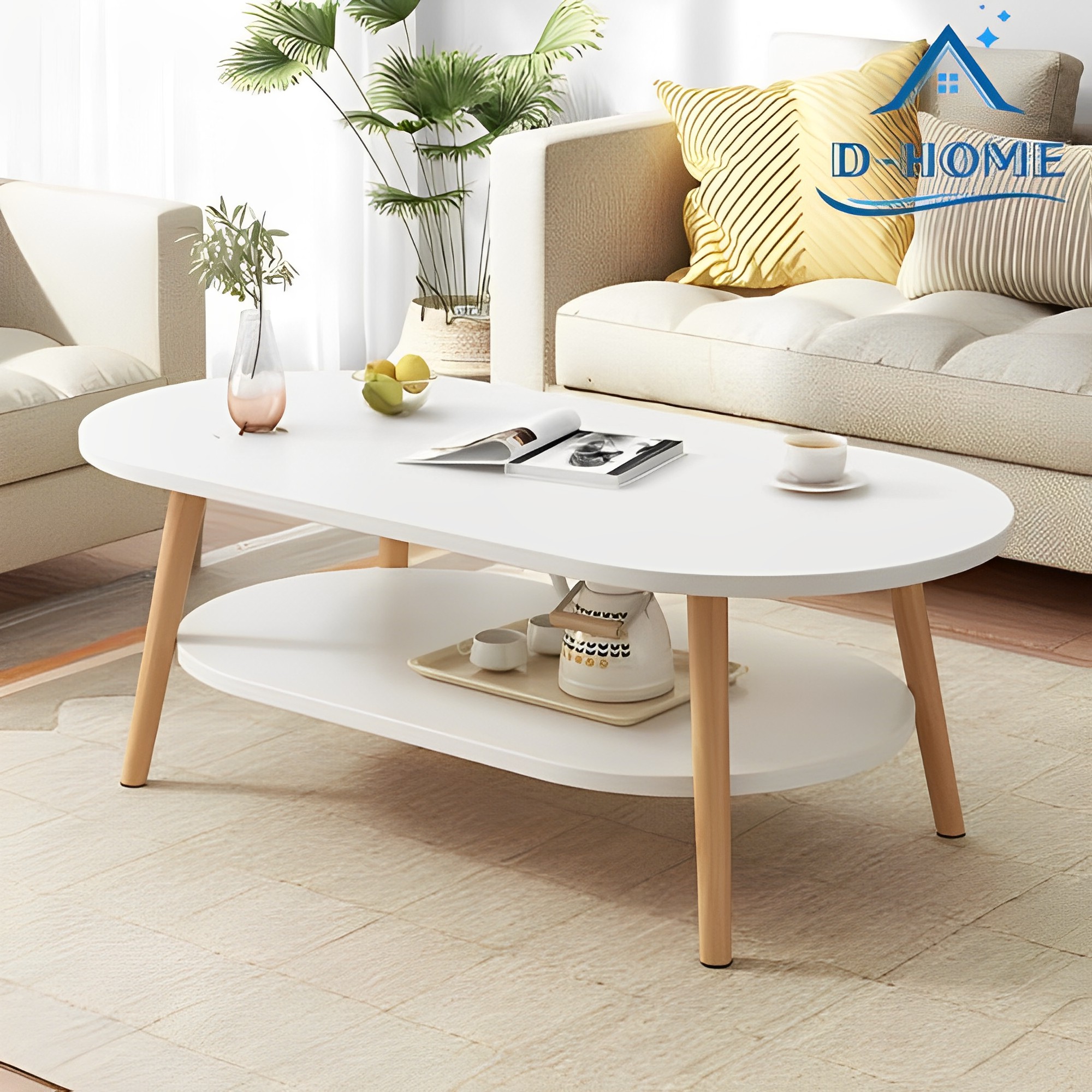 Bàn trà sofa 2 tầng d-home mã sf03 hình ovan chân gỗ sồi hiện đại cao cấp phù hợp để phòng khách