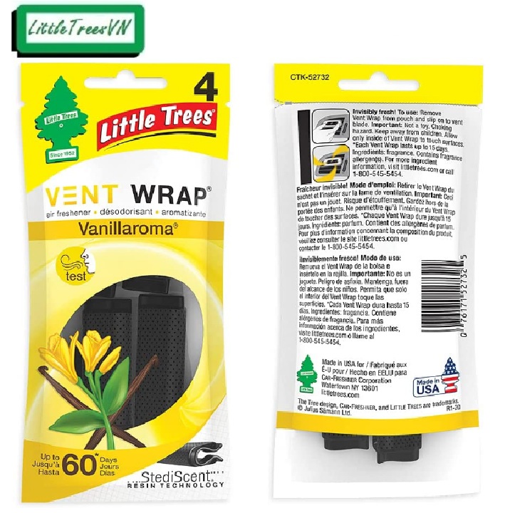 CHÍNH HÃNG USA - Kẹp thơm cài khe gió máy lạnh ô tô Little trees - Vent Wrap (gồm 4 kẹp trong 1 túi)