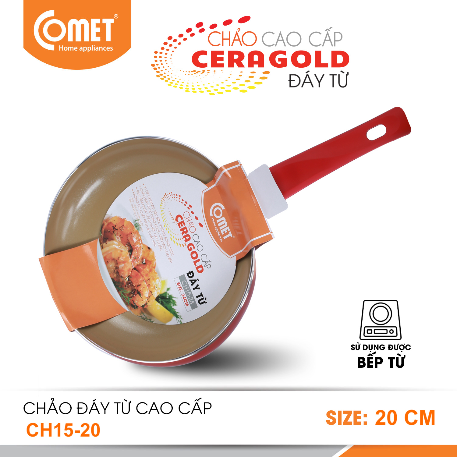 Chảo chống dính cao cấp Ceragold đáy từ COMET - CH15-20 size 20cm dùng cho bếp từ, bếp điện, bếp g a