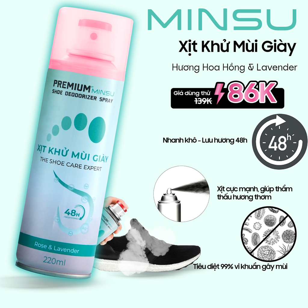 Chai xịt khử mùi hôi giày dép Minsu hương Rose Nano bạc Ag+ khử khuẩn 1 lọ 220ml, bình sịt làm hết mùi hôi tủ giày, tất vớ chân, quần áo hương hoa hồng.