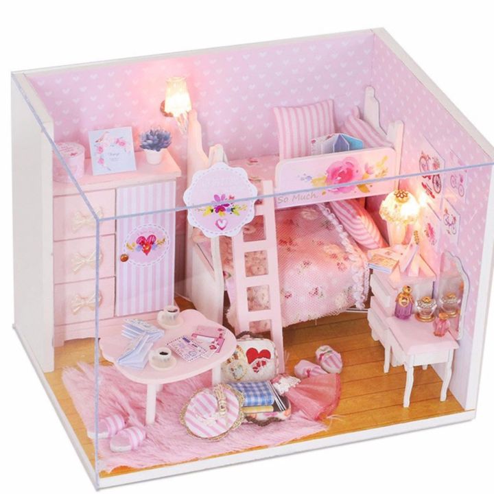 Mô hình nhà gỗ DIY- Nhà búp bê Barbie Bằng Gỗ Lắp Ráp có đèn Led PINK GIRL