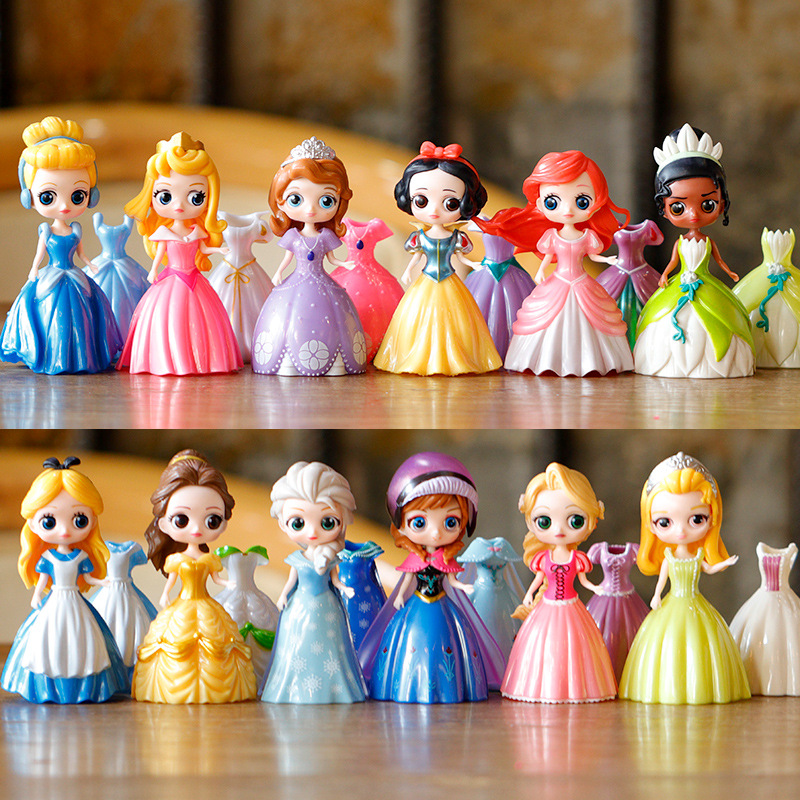 Set 6 công chúa thay váy nhựa tặng kèm 18 váy thay đổi, Búp bê thay váy Disney kt 8cm
