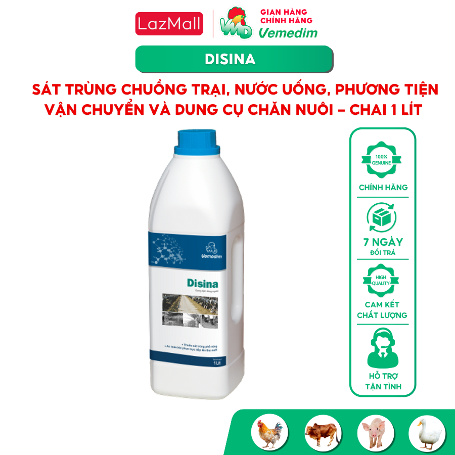 Vemedim Disina dung dịch pha nước phun xịt sát trùng chuồng trại chăn nuôi, dùng cho thú y, chai 1lit