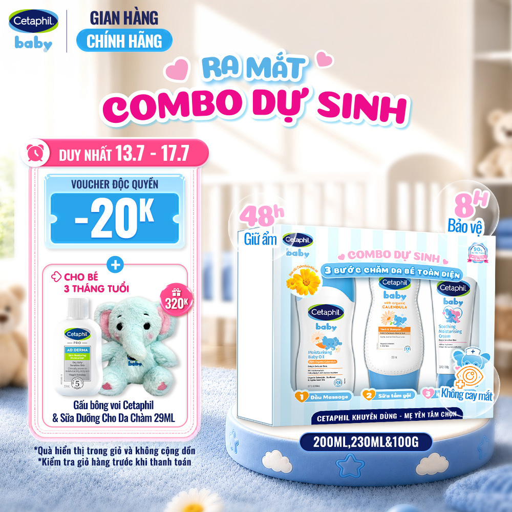 Combo dự sinh 3 bước chăm sóc da bé toàn diện Dầu Massage 200ML + Sữa tắm gội 230ML + Kem dưỡng ẩm 100G Cetaphil Baby