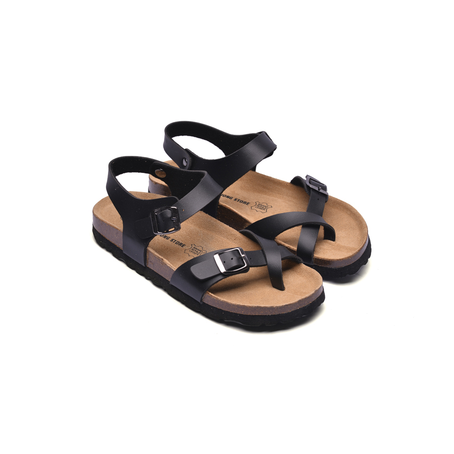 Giày Sandal đế trấu unisex xỏ ngón da pu đen