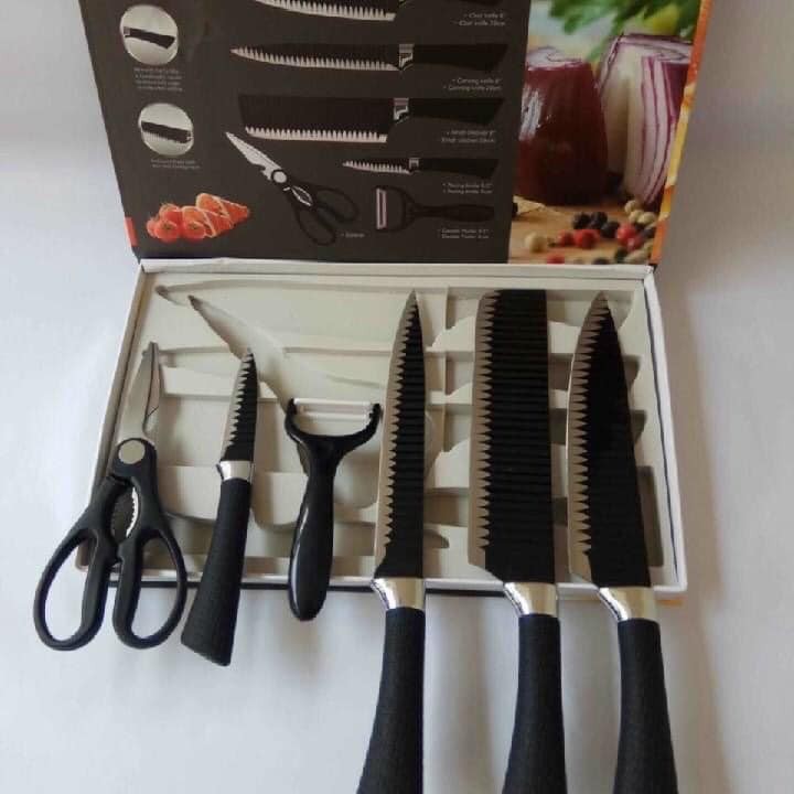Bộ dao + kéo + nạo asakh 6 món làm bếp lưỡi sóng crom cao cấp ko rỉ