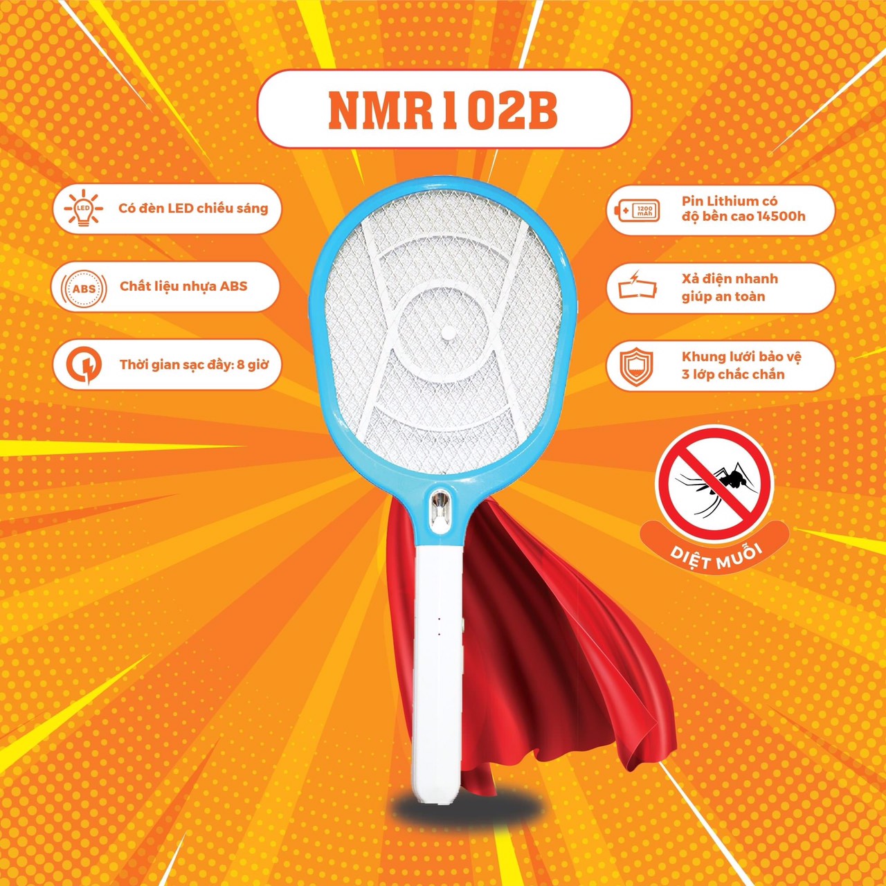 Vợt Muỗi Nanoco NMR102 khung lưới 3 lớp, đèn led chiếu sáng, nhựa ABS