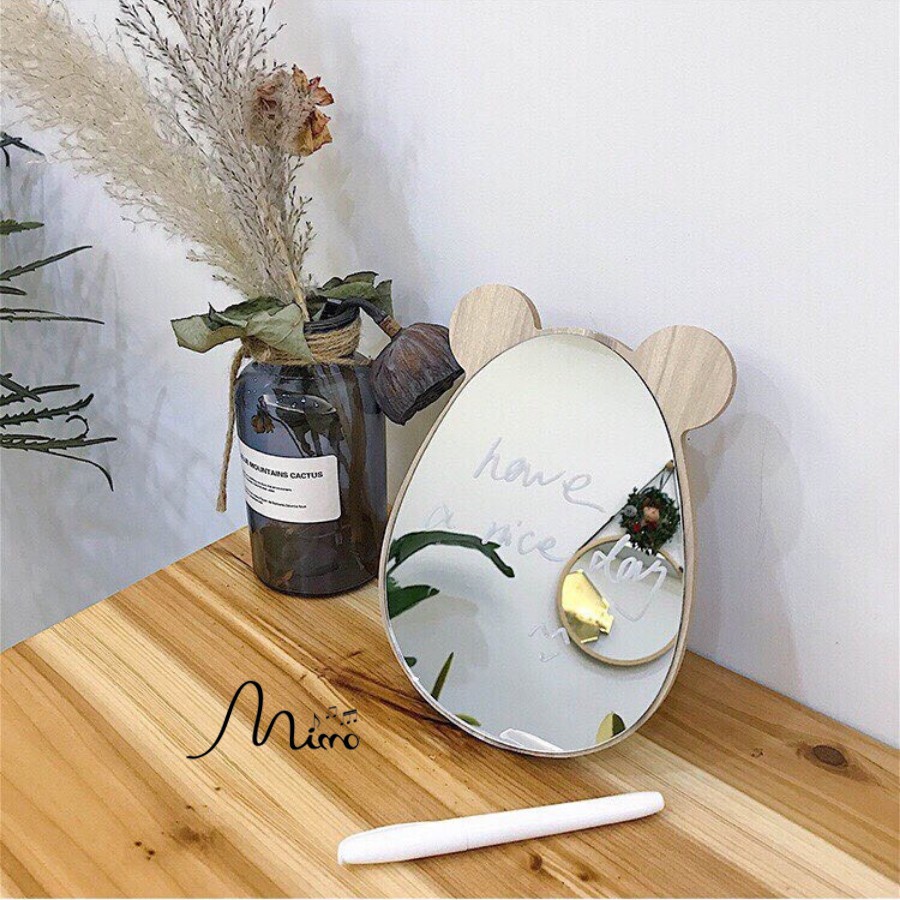 Gương soi để bàn gương để bàn gỗ họa tiết chuột thỏ xinh và chắc chắn