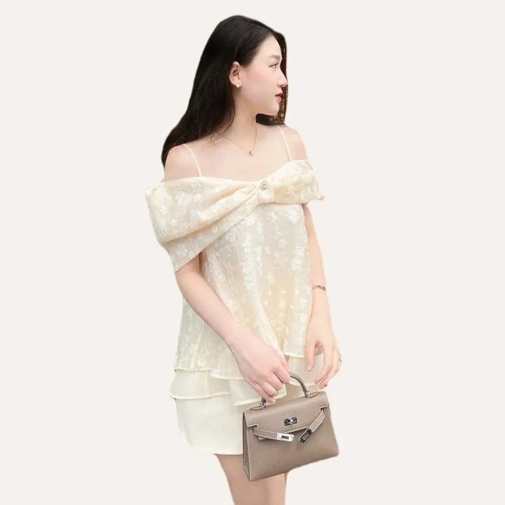Set áo kiểu nữ 2 dây trễ vai cổ phối nơ linly store a-tvno3