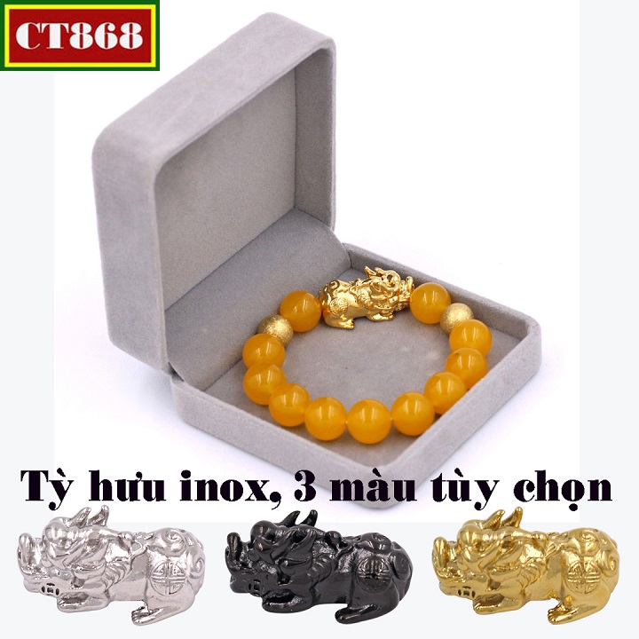Vòng tay thạch anh vàng 14 ly tỳ hưu inox vàng VTAVTHHBV14 kèm hộp nhung
