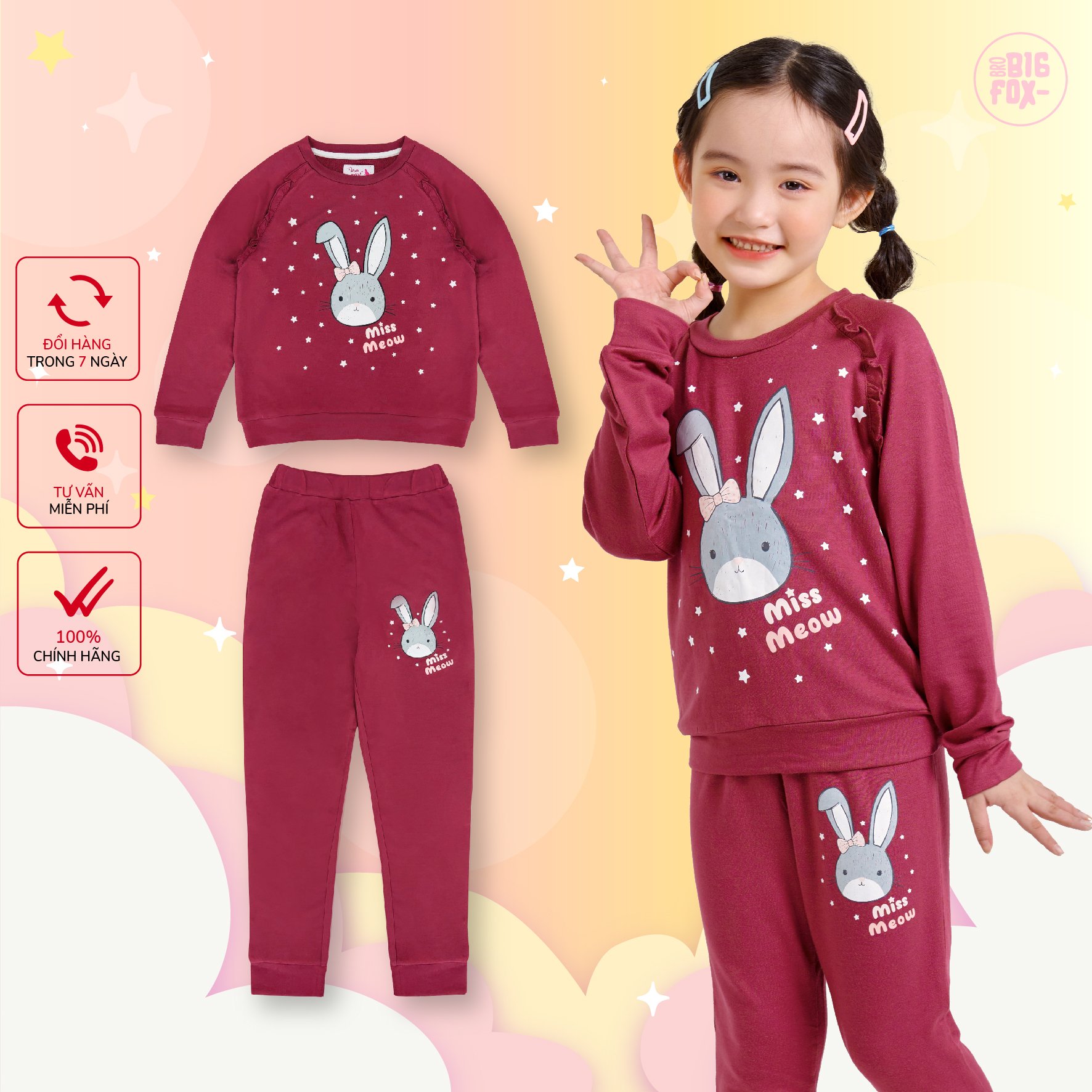 Bộ thu đông bé gái size đại BIGFOX - MISS MEOW, bộ dài tay cho bé phong cách Hàn Quốc hình in thỏ đeo nơ 11 - 31 kg