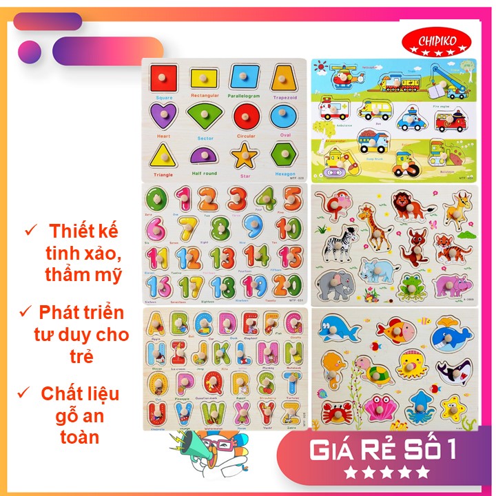 Combo 6 bảng ghép hình núm gỗ