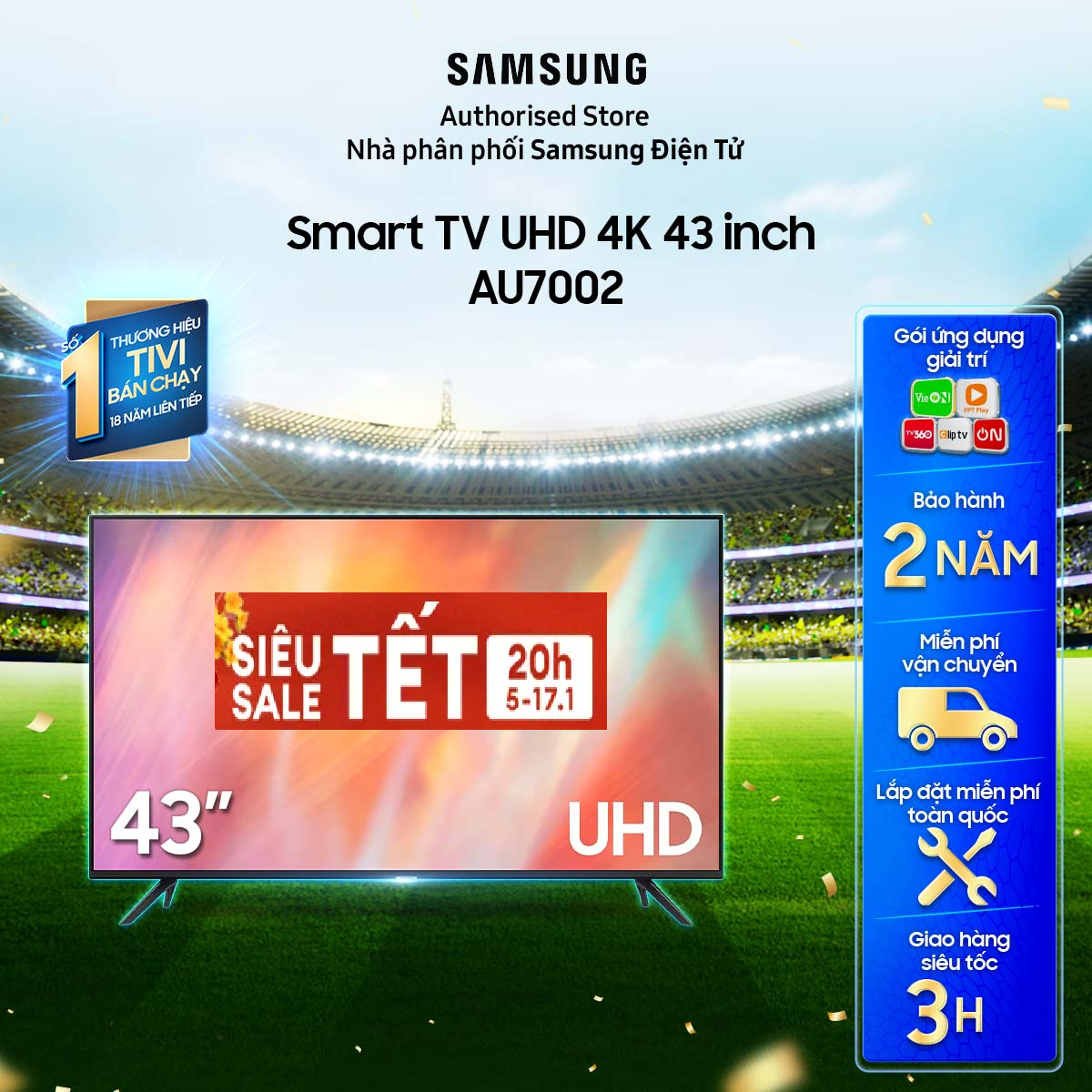 [Giao hàng và lắp đặt nội thành phố HCM trong 2 giờ] 43AU7002 - Smart Tivi Samsung 4K 43 inch UA43AU7002 UA43AU7002KXXV